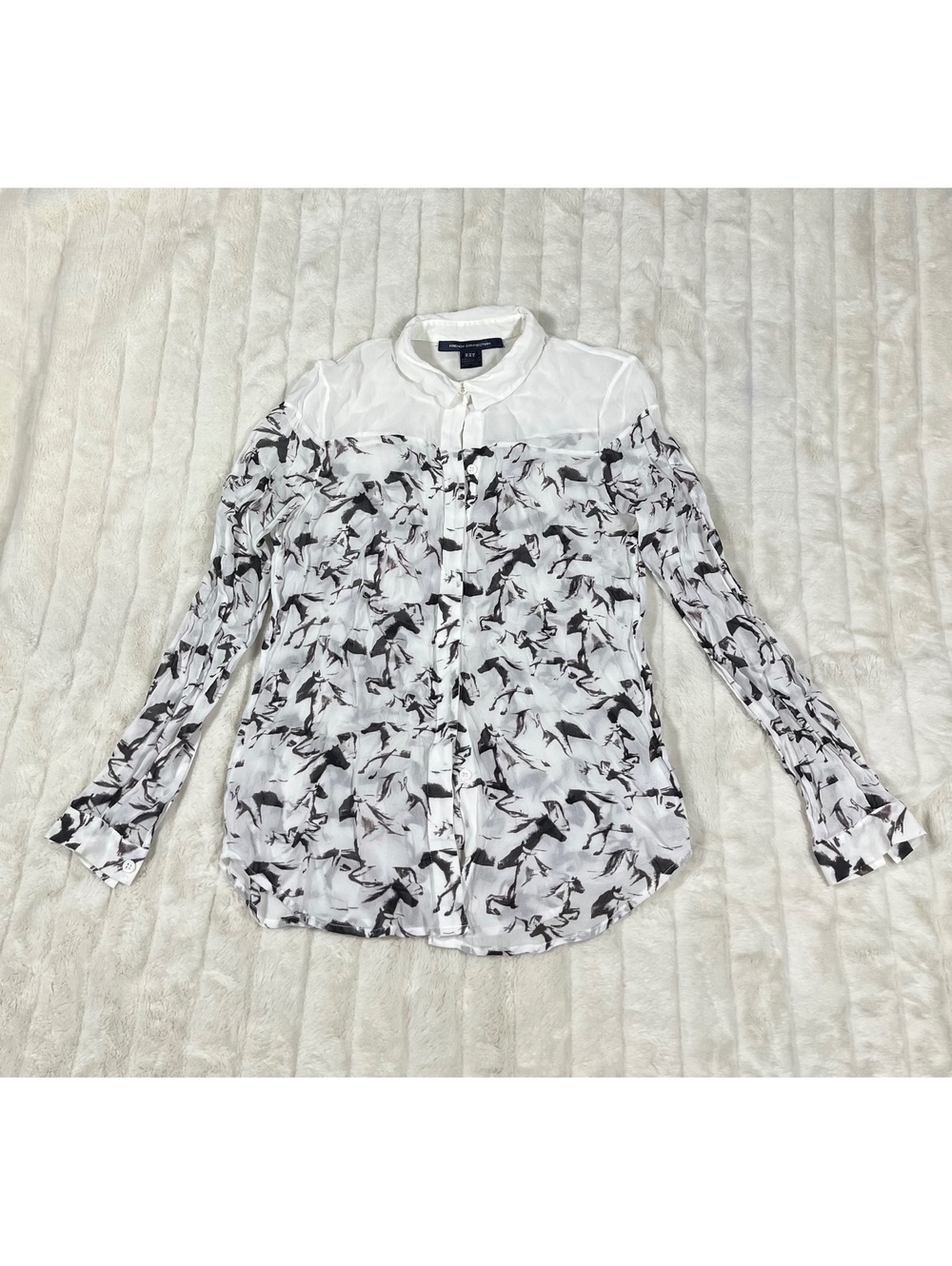 French Connection Women's 6 White Grey Horse Button Sheer Work Office Blouse